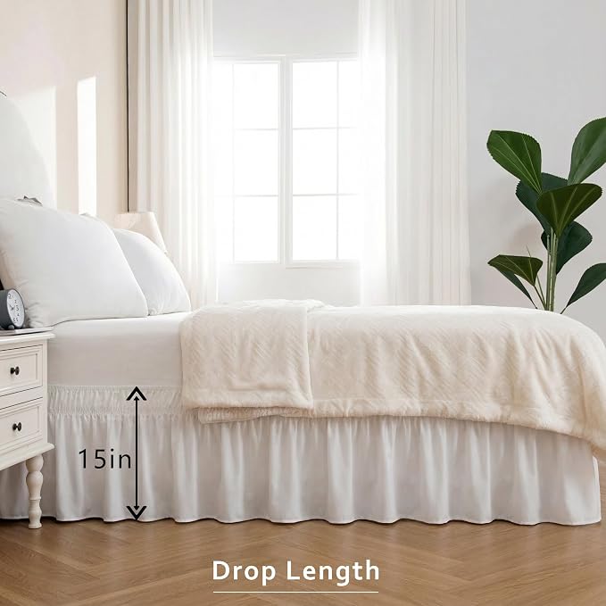 MIYE Wrap Around Ruffled Lace Bed Skirt, Elastic Dust Ruffle with Adjustable Belts, Easy to Put On, Bed Frame Cover, Machine Washable (Classic/White, King/Queen-15 Drop)