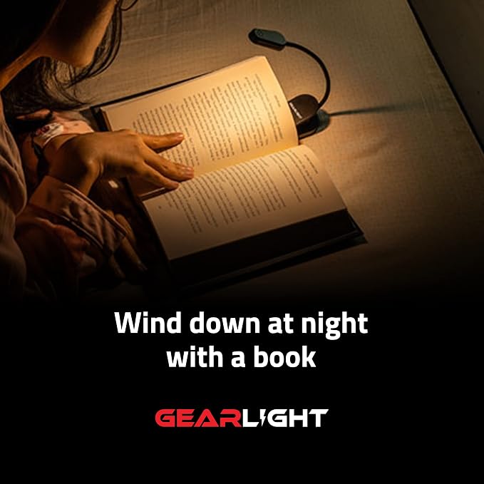 GearLight Rechargeable Book Light for Reading in Bed – Hands-Free LED Clip-on Lamp with 3 Light Modes, Adjustable Brightness, Flexible Neck Reading Light for Books, Laptops, and More – 2 Pack
