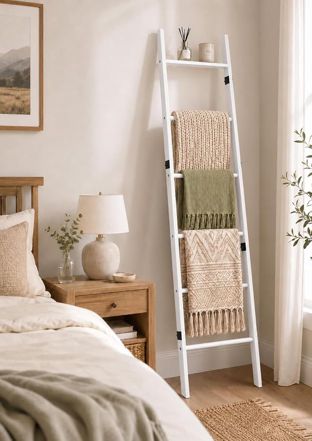 6 Tier Blanket Ladder with Shelf, Wooden Blanket Rack for Living Room, Leaning Towel Ladder Rack for Bedroom, Bathroom, Quilts, Throws, Towels and Farmhouse Décor White