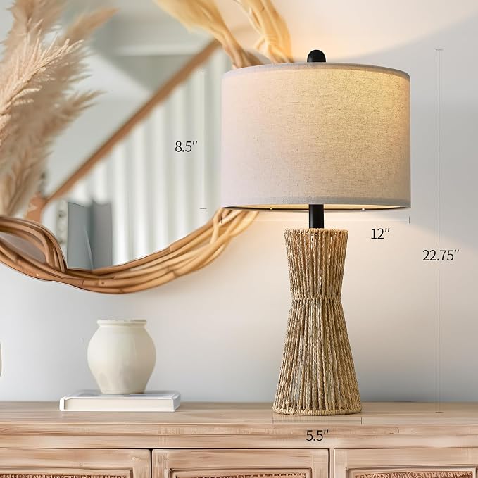 OYEARS 22.5" Table Lamps for Living Room,Boho Lamps Set of 2 for Bedrooms, Bedside Lamp for Nightstands, Rattan Lamp, Farmhouse Table Lamp for Room Decor, End Table, Retro, Brown（Not Include Bulbs）