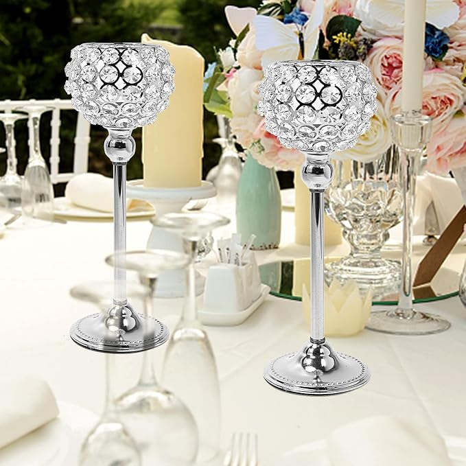 Silver Crystal Candle Holders Set of 2 Candelabra Dining Table Centerpiece Table Decorations for Dining Room Living Room Coffee Dinner Table Decor Wedding Christmas (Silver, 2pcs 12")