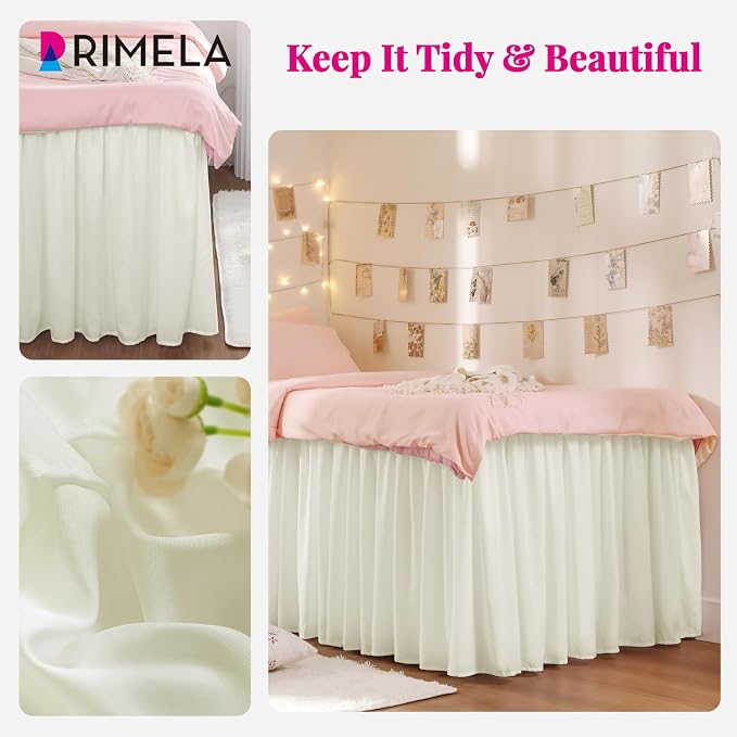 RIMELA Dorm Bed Skirt Twin XL 42 Inch Drop, Easy to Install Extra Long Wrap Around Elastic Dust Ruffle, Cream Bedskirt Silky Fabric Machine Washable (Twin XL 80“L x 39”W & Twin 75“L x 39”W) | Solid ruffled, Wrap-around/elastic, Wrinkle & Fade resistant...