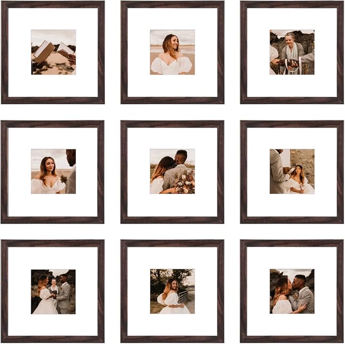 8x8 Picture Frame Set of 9, Display Pictures 4x4 with Mat or 8x8 without Mat, Multi Collage Gallery Square Photo Frames for Wall or Tabletop, Brown