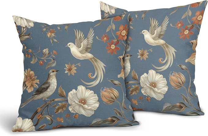Kawani Vintage Floral Pillow Covers 18x18 Inch Set of 2 Blue Chinoiserie Flower and Bird Outdoor Decorative Throw Pillows Retro Rustic Pillowcases Farmhouse Cushion Covers for Couch Home Decor