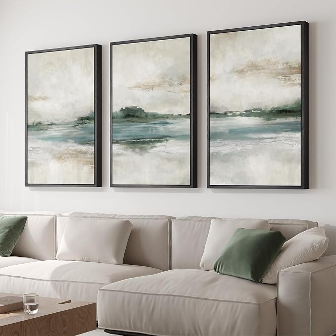 Large Framed Abstract Nature Landscape Wall Art for Living Room, 24x36 In | Green lake pictures, Set of 3 paintings, Canvas prints, Wood frame, Modern artwork, Wall decor for bedroom dining room office