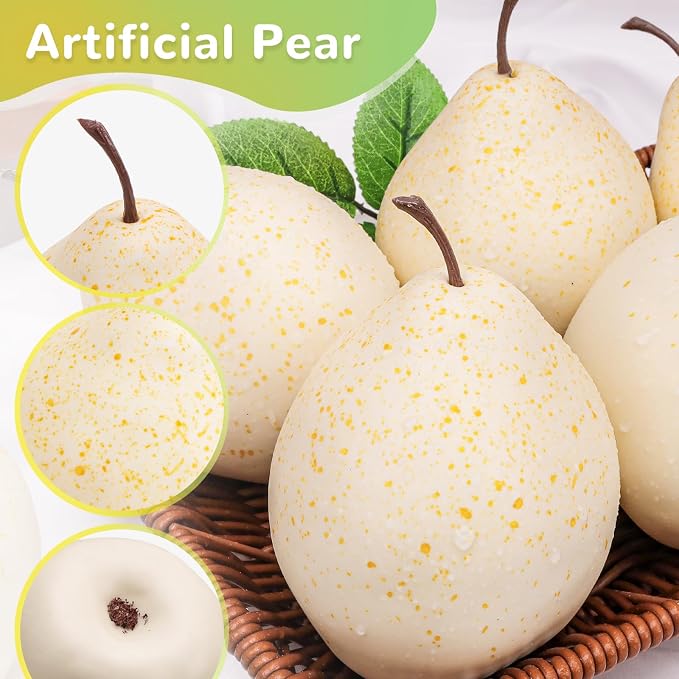 6 Pack Artificial White Pears, Fake Fruit for Fruit Bowl Decor