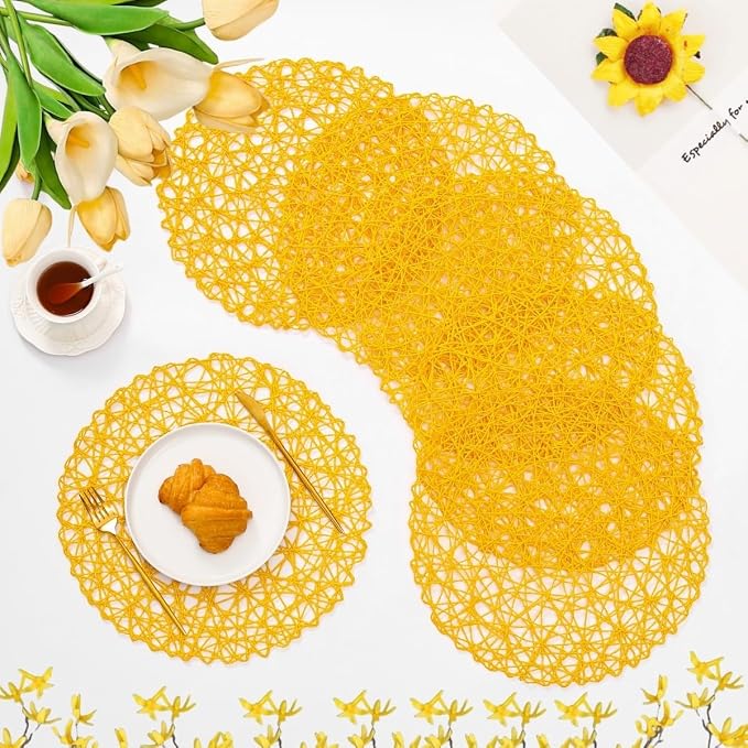 IcosaMro Yellow Round Placemats Set of 12 for Dining Table, 13 Inches Paper Woven Boho Small Decorative Circle Place Mat for Wedding Christmas Thanksgiving Day Holiday Dinner, Yellow