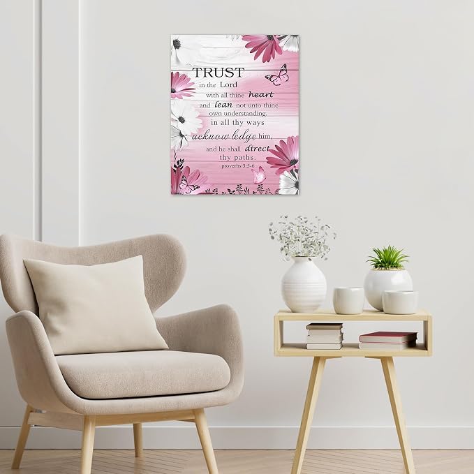 LB Pink Floral Bible Verse Wall Art for Bathroom Daisy and Butterfly Canvas Wall Art Wall Paintings Home Decor Rustic Vintage Wall Pictures for Living Room Bedroom Office Ready To Hang,16x20 Inch