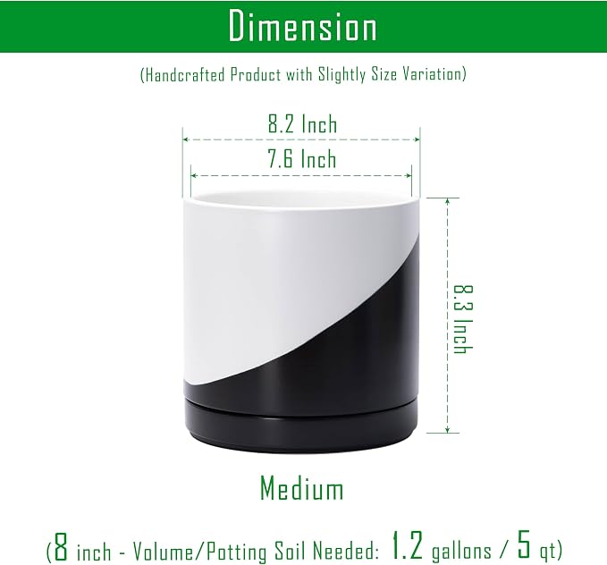 D'vine Dev 8.2 Inch Ceramic Planter Pot, Black White Diagonal, 94-O-D-K | Modern Cylinder Design, Drainage Hole & Saucer Included, Stable Structure, Elegant Home Accent