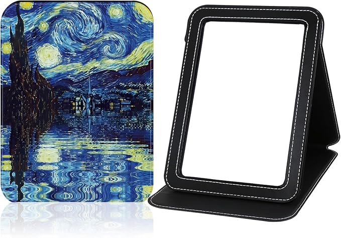 Folding Mirror Portable, Travel Makeup PU Portable Adjustable Rectangular Ultrathin Vanity Mirror with Stand,Starry Night Van Gogh Cute Mirror Art Artistic Gifts for Women