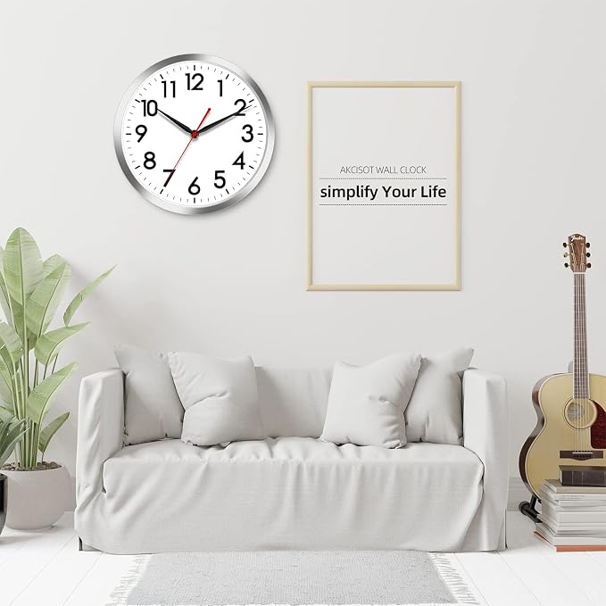 AKCISOT 14 Inch Wall Clock, Silent Battery Operated Analog Clock, Silver | Classroom | Office | Kitchen | Living Room | Garage | Shop | Large Size | Easy-to-read numbers