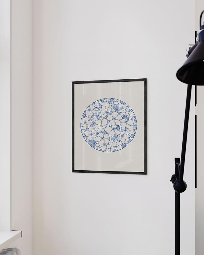 HAUS AND HUES Blue Wall Art - Japanese Floral Caligraphy Flower Print, Blue Artwork for Bathroom, Asian Decor for Bedroom, Framed Wall Art 12x16 Black