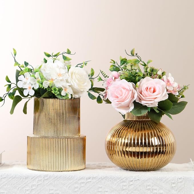 Ribbed Glass Vases, Set of 2 Fluted Vases for Flowers, Gold Glass Vase for Tulips, Modern Vase for Living Room, Kitchen, Office, Entryway, Mantle, Bookshelf, Wedding Gifts, Birthday