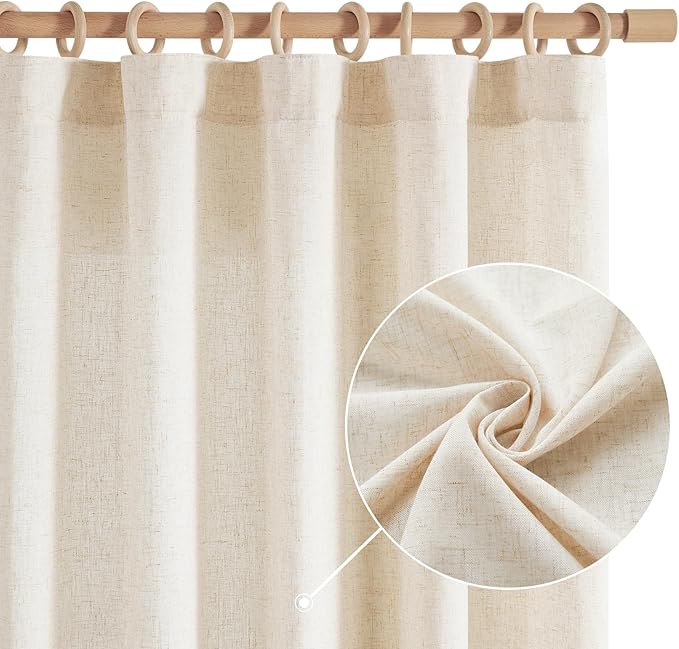 jinchan Linen Curtains Light Filtering Back Tab 50x96 Inch 2 Panels Beige | Semi Sheer Curtains 96 inch length for Bedroom Living Room, Modern Farmhouse Drapes with Rod Pocket, Natural Boho Curtains
