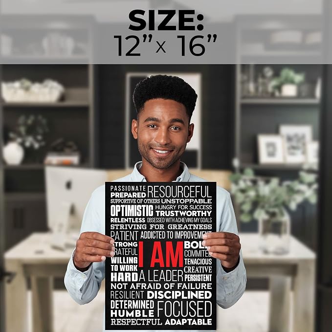 HoneyKICK I AM Positive Affirmations Canvas Wall Art, Black, 12x16 | Thirty confidence-focused statements fill a ready-to-display wrapped canvas designed for daily viewing and reflection.