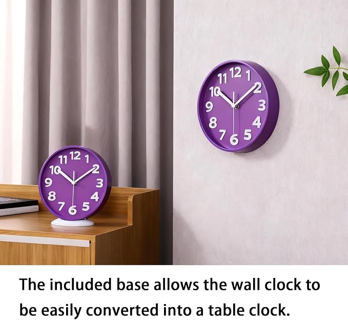 JENLYSTIME 8 Inch Vibrant Purple Modern Wall Clock – Silent Non-Ticking, Bold 3D Numbers, Precise Quartz Movement | Decorative Desk & Wall Clock with Stand for Home, Kitchen, Bedroom, or Office