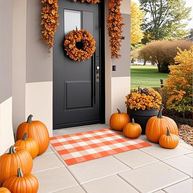 Fall Buffalo Plaid Rug 27.5x43 in, Orange White Indoor Outdoor Rug | Cotton Blend, Orange and White Checkered, Machine Washable, Layering Rug, Porch Entryway Decor