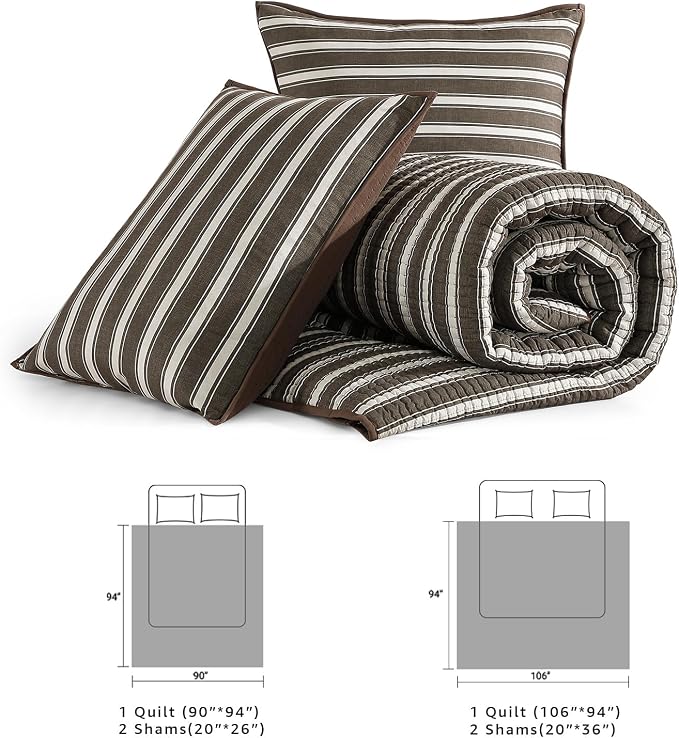 King Size Quilt-Lightweight Bedspreads Brown King Quilt Bedding Set | Reversible Coverlet with 2 Shams for All Seasons, Suitable for Bed, Couch, 3 Pieces, 106"x94"