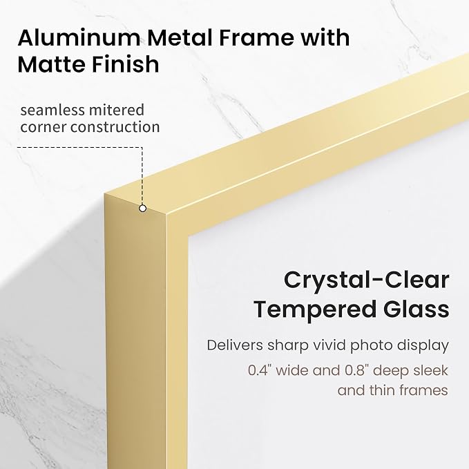 27x40 Poster Frame Gold, Aluminum Metal 27 x 40 Frame with Removable Mat, 27 by 40 Gold Picture Frame Matted to 24x36 Photo, Real Tempered Glass for Home and Office Gallery Wall, 1 Pack