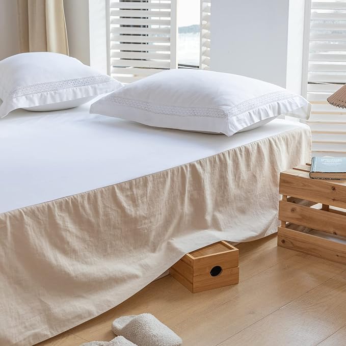 BISELINA French Linen Bed Skirt with Pleated Corner 14-Inch Tailored Drop Natural Flax Cotton Blend Basic Dust Ruffle Soft Cozy Farmhouse Bedding (14" Queen, Basic Linen)