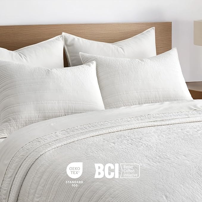 EVERGRACEHOME 100% Cotton Modern Lines Quilt Set Queen Size, Bright White | Pre-Washed Soft Cotton, Striped Coverlet Bedspread, 3 Piece Lightweight Bedding Set for All Season, with 2 Pillow Shams