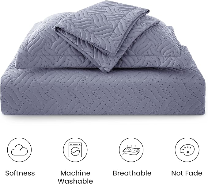 Love's cabin Twin Quilt Bedding Set Bluish Grey Bedspreads - Soft Bed Summer Lightweight Bedspread Comforter - Wave Pattern Bedding Coverlet for All Season - 2 Pieces (1 Quilt, 1 Pillow Sham)
