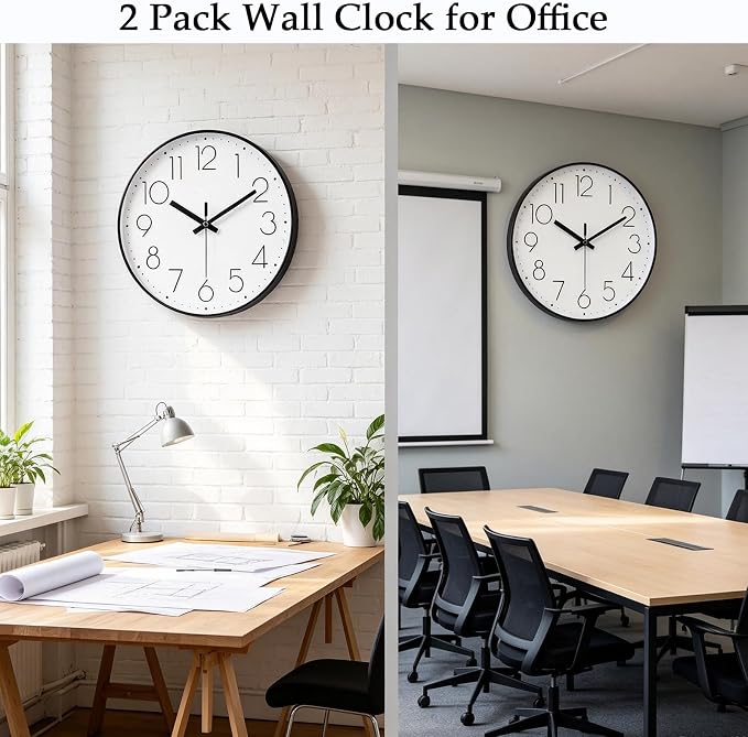 2 Pack Black Wall Clock 12 Inch Modern Silent Battery Operated Wall Clocks | Office Kitchen Classroom School