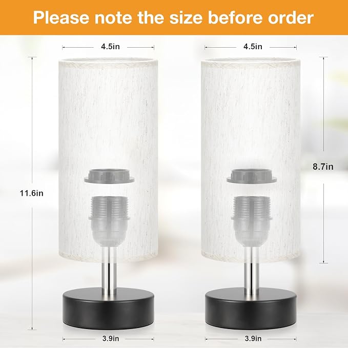 Table Lamps Set of 2（Cream Shade - Black Base, 11.6" Inline Control）
