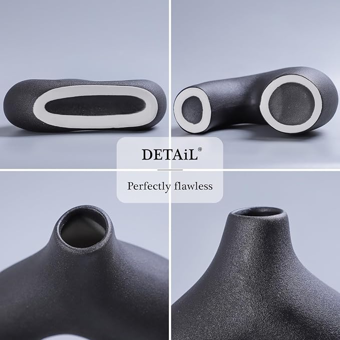 CEMABT Black Ceramic Vase Set of 2 for Modern Minimalist Bohemian Decor，Round Matte Donut Vases for Pampas Grass-Perfect for Living Room, Dining Table, Office Bedroom Shelf Decor Entryway, Console