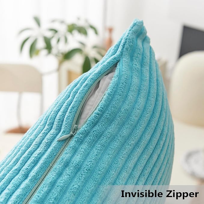 Home Brilliant Turquoise Pillow Covers Striped Corduroy Plush Texture Velvet Euro Sham Throw Pillows for Bed Patio, 24x24 inch, Teal