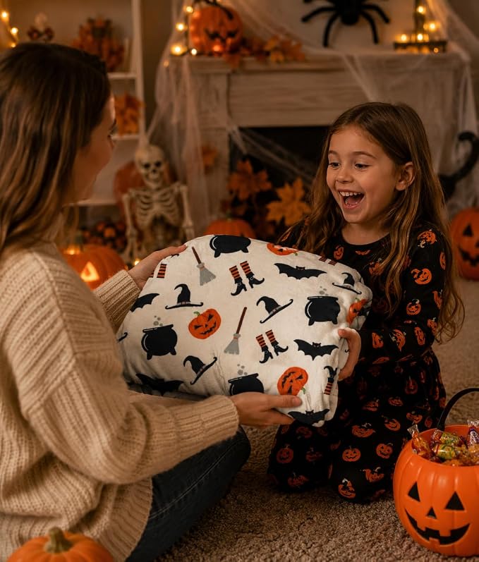 Serafina Home Halloween Cute Witch Fleece Throw Blanket, Jack O Lantern Bats, Velvet, 50x60 in