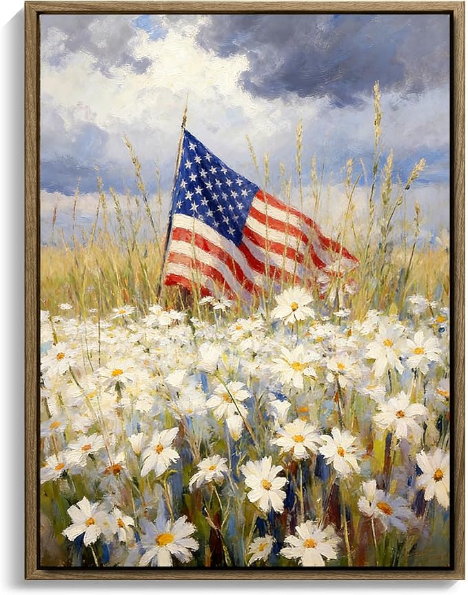 American Flag Framed Canvas Wall Art, 4th of July Patriotic Canvas Prints | Wildflower Landscape Poster Print, Vintage Rustic Independence Day Wall Decor for Bedroom Living Room Office 6×8in