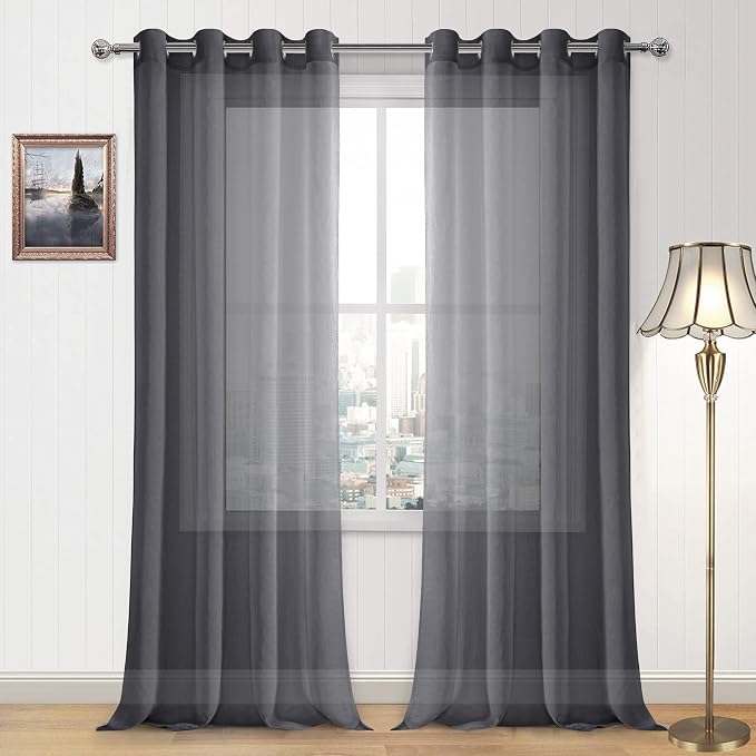 DWCN Dark Grey Sheer Curtains for Living Room Bedroom - Faux Linen Look Voile Drapes Grommet Top Window Curtain Panel 52 x 108 Inches Long, Set of 2 Panels
