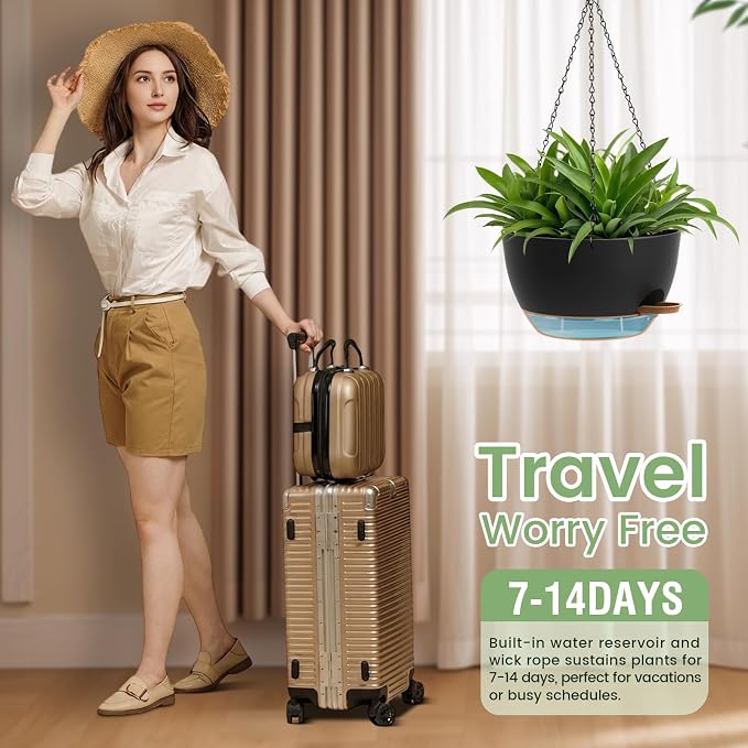 2 Pack 12 Hanging Flower Pots with Chains Self Watering Plastic Planters for Indoor Outdoor Plants, Sturdy Triangular Iron Chain Design for Garden PorchPlastic hanging flower pots(2, Black Brown)