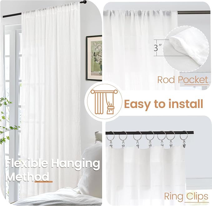 BGment 40 Inches Long White Linen Curtains for Kitchen Cafe Window | Semi Sheer Short Length Drapes with Rod Pocket Light Filtering for Bedroom Bathroom Lightweight, 2 Panels Set, 42 X 40 Inch