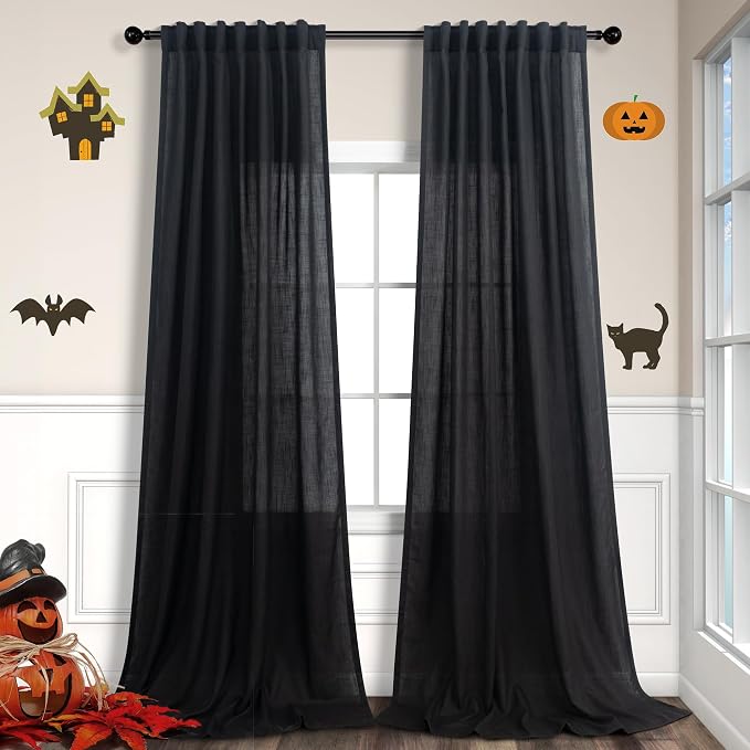 Black Linen Curtains 84 Inch Length for Living Room 2 Panel Back Tab Pocket Muslin Light Filtering Semi Privacy Thick Sheer Floor Length Curtain for Mens Bedroom Man Cave Modern Farmhouse Gothic Decor