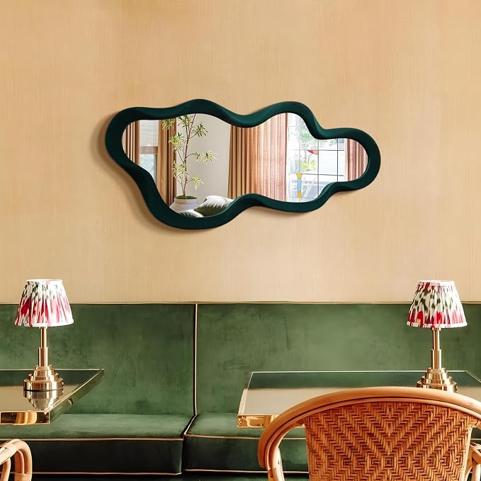 Large Decorative Wall Mirror for Bedroom Dresser Decor,Dark Green | 13.8x29.7",Soft Flocking Touch,Abstract Wavy Wall Mirrors for Home Book Coffee Shop Hotel Decoration,Unique Gift
