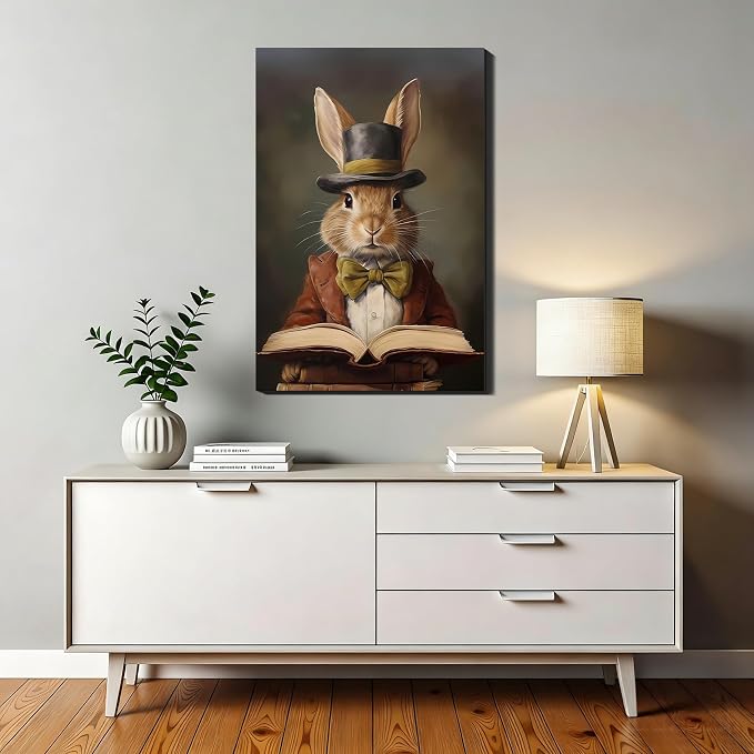 Mr Rabbit Portrait Canvas Prints 12x18, Vintage Artwork and Bunny Paintings Pictures Wall Art,Perfect for Spring Home Office Decor, Easter Bathroom Wall Decorations