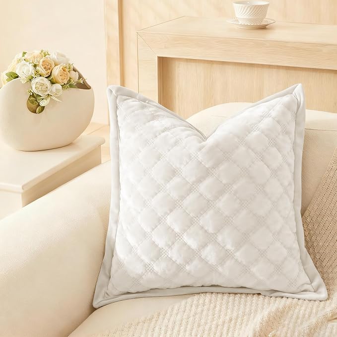 Throw Pillow Cover 18x18 1 Piece Velvet Square Pillowcase Soft Skin-Friendly Cross Process Decorative Farmhouse Cushion Covers for Couch Sofa Bedroom Living Room,Ivory White