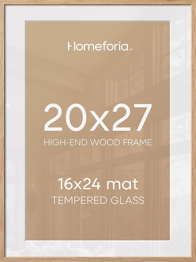 Homeforia 20x27 Natural Oak Picture Frame, High-End Wood, 16x24 Mat, Glass