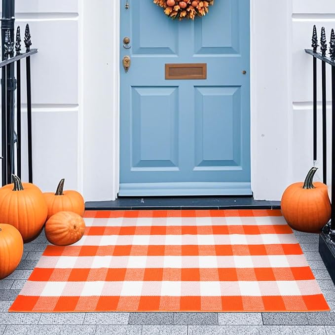 Fall Buffalo Plaid Rug 3x5 Ft, Orange White Indoor Outdoor Rug | Cotton Blend, Orange White Checkered, Machine Washable, Layering Rug, Porch Entryway Decor