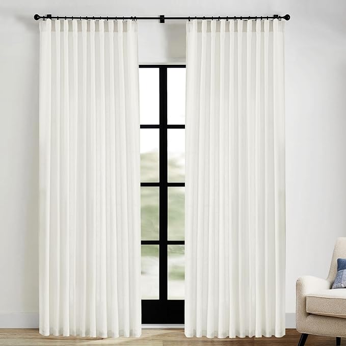 Extra Wide Curtains 70 In Width for 60 & 72 Inch Window,Pleated Back Tab Linen Semi Sheer Full Length Curtains for Living Room Sliding Glass Door 2 Panel Set,72x84,70x84,6FT x 84 Inches Long,Cream