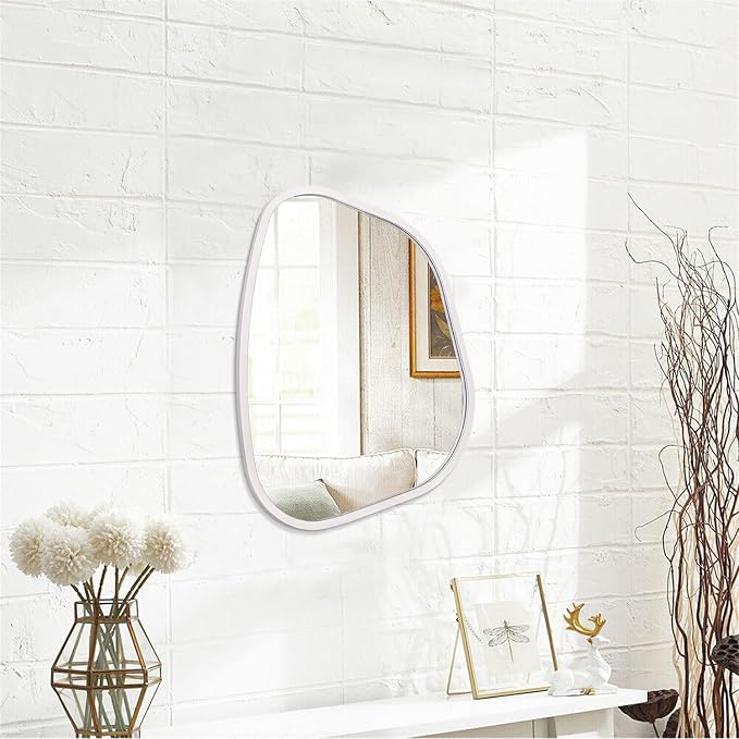 White Irregular Bathroom Mirror Modern Oval Wall Mirror Asymmetrical Wooden Framed Wall Mirror Unique Shape Wall Mounted Vanity Artistic Mirror Decor for Living Room Bedroom Entryway Small 14"x10"