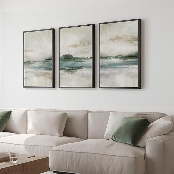 Framed Blue Green Abstract Landscape Wall Art, 3 Piece Set, Each 16x24 In | Soft nature lake pictures, Canvas prints, Wood frame, Modern wall paintings, Wall decor for living room bedroom dining room