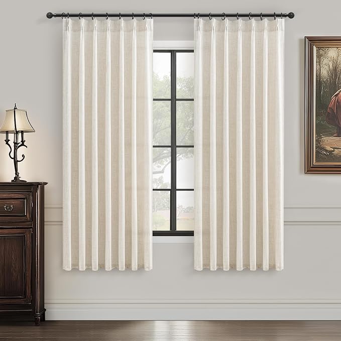 PleatedDrapes Short Viral Shower 45 inch Curtains, Boho Pinch Pleat Thick Linen Cottage Core Sheer Curtain Light Filtering Privacy for Kitchen/Cafe Small Window Back Tab Drape Decor 3-3/4FT Panels x 2