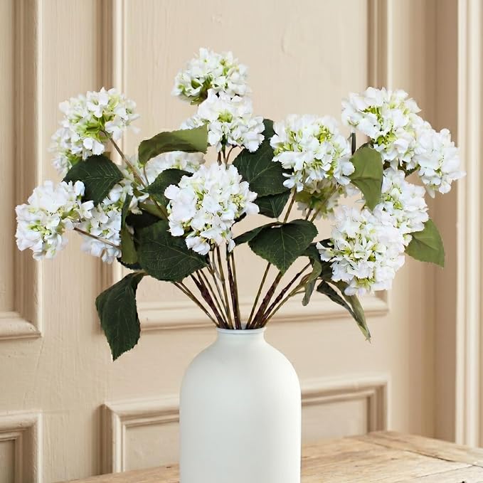 Small Faux Hydrangea Flowers 5 Stems (15 Heads) For Table Decor | Real Touch Hydrangea Flowers Artificial with Stems, Silk Floral Bouquet, Hortensias Artificiales, Snowball Viburnum