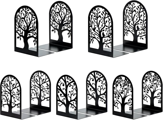 HappyHapi 5 Pair Book Ends, Metal Bookends for Shelves, Decorative Bookends | Decorative Book Holder for Shelf, Tree Stopper for Heavy Books, Black Book Ends for Home Office, 6.5 X 4.7 X 3.5 Inch