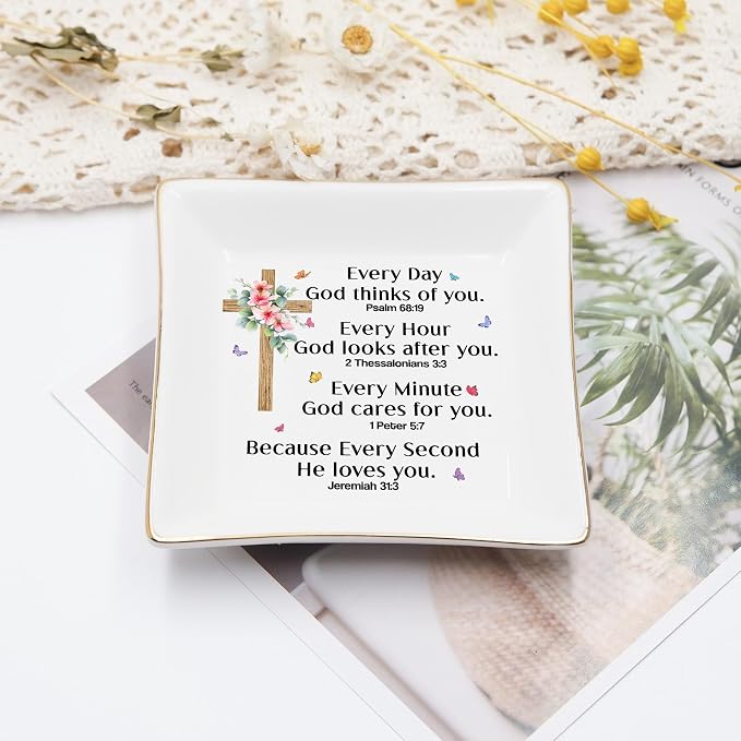 Christian Bible Verse Prayers Jewelry Dish Gift for Women, 4" Ceramic Jewelry Tray, Christian Inspiration Gifts - Mother's Day, Birthday, Religious Gift - Communion, Confirmation Gifts for Daughter