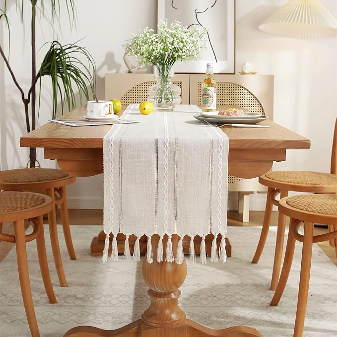 Wracra Rustic Linen Table Runner, Ivory Table Runners 36 inches Long | Raised Embroidered Hollow Design and Hand-Tassels;Cotton Linen Woven Fabric; Farmhouse Table Runner;Home Dining Decor