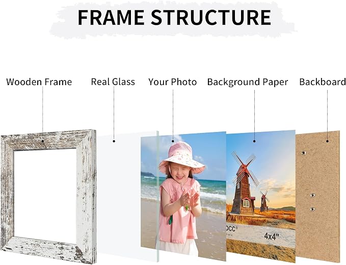 4x4 Collage Picture Frames Set of 2, Rustic Wooden Real Glass Vertical Hanging 3 Opening 4 by 4 Photo Frame, Distressed White